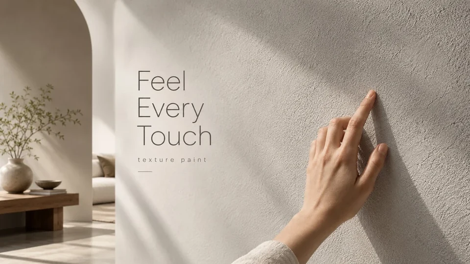 Hand touching a neutral textured wall, with the words Feel Every Touch and texture paint
