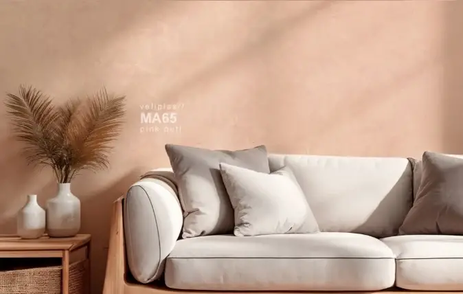 Vellplas MA65 Pink Puff wall beside a sofa