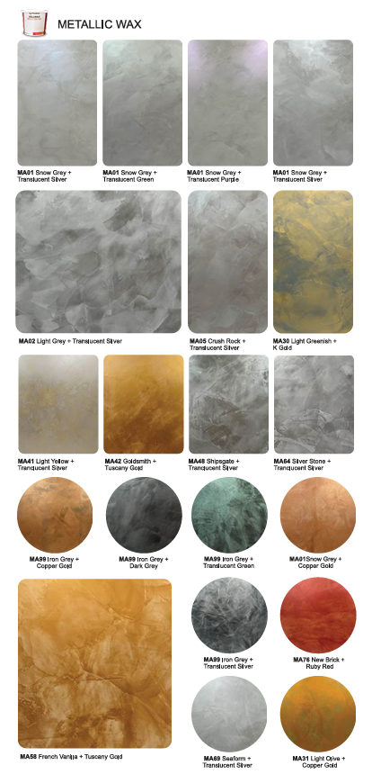 Supplied metallic wax chart showing eight named wax colours over different base colours and textures