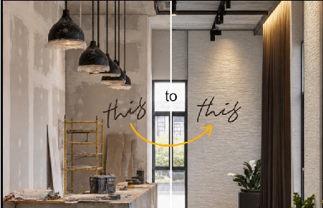 Before and after decorative wall finish in a room with pendant lights