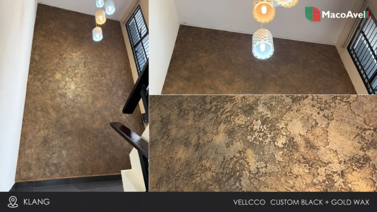 Vellcco Custom Black with Gold Wax feature wall in Klang, shown in a three-view project collage.