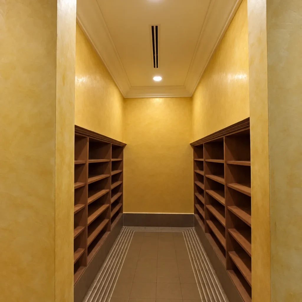 Warm gold-toned textured walls around dark timber shelving in a recessed interior at Istana Negara.
