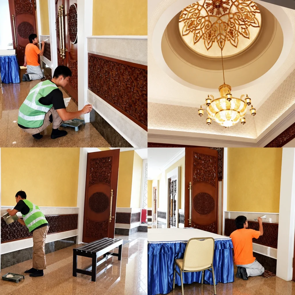 Four views of on-site finishing around carved doors and wall panels, with a decorative ceiling and chandelier at Istana Negara.