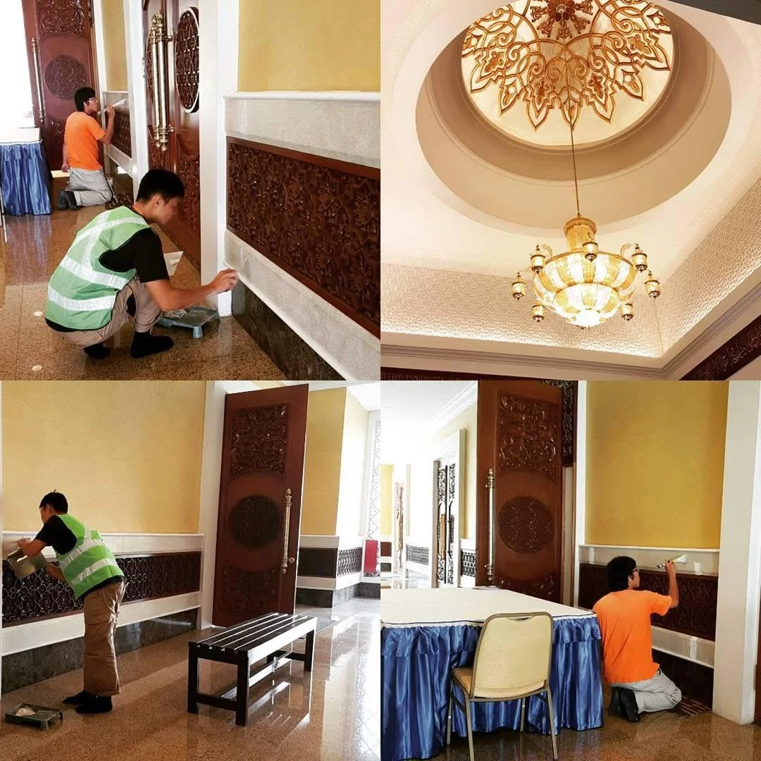 Collage of wall-detail application beside carved timber panels and a chandelier ceiling at Istana Negara.