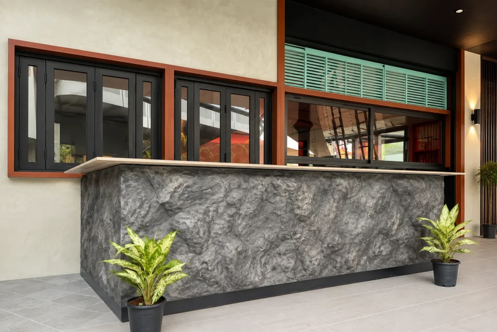Wide view of the grey StoneArt counter in Kuala Lumpur with a pale top, dark window frames and plants.