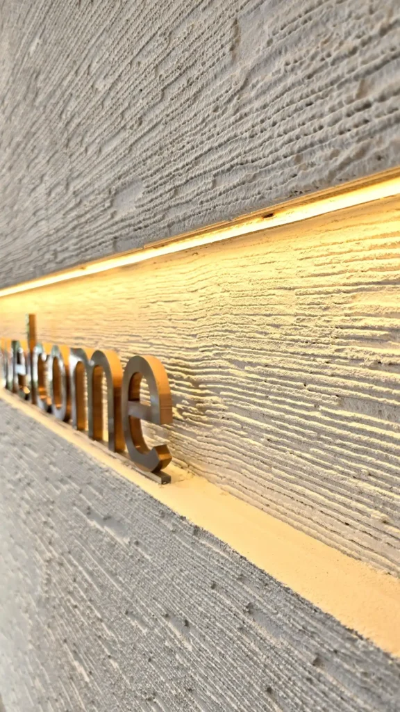Angled close-up of Vellcco Custom horizontal ridges beside the illuminated welcome niche in Kuala Lumpur.