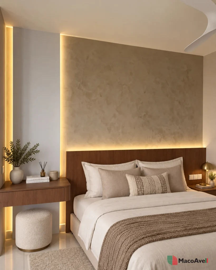 Kuala Lumpur bedroom with a Vellplas MA04 Light Warm Grey feature wall, timber headboard, warm lighting and neutral bedding.