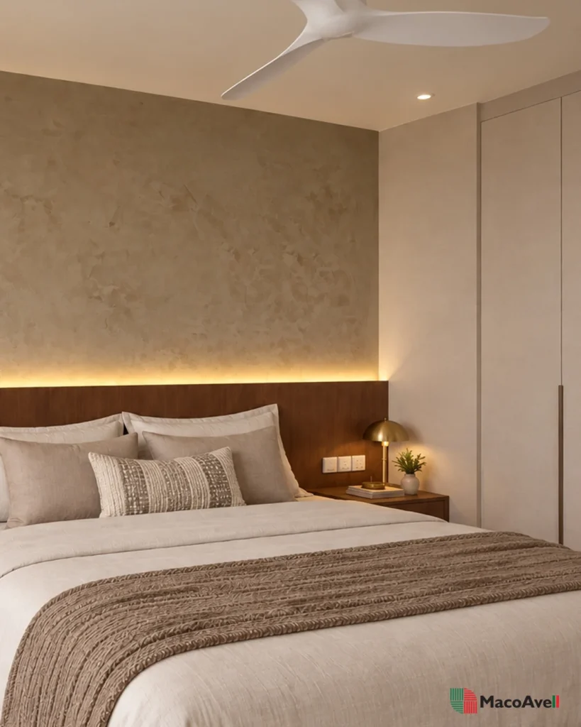 Angled bedroom view showing Vellplas MA04 Light Warm Grey above a timber headboard, with a brass-coloured bedside lamp and pale cabinetry.