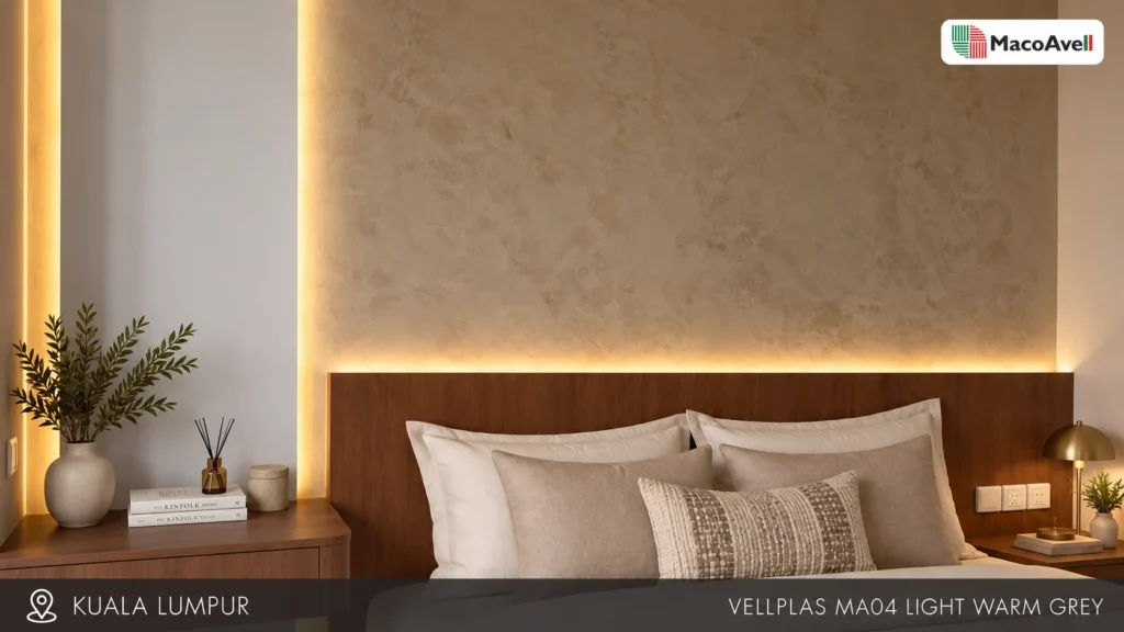 Vellplas MA04 Light Warm Grey bedroom feature wall with warm concealed lighting and a timber headboard in Kuala Lumpur.