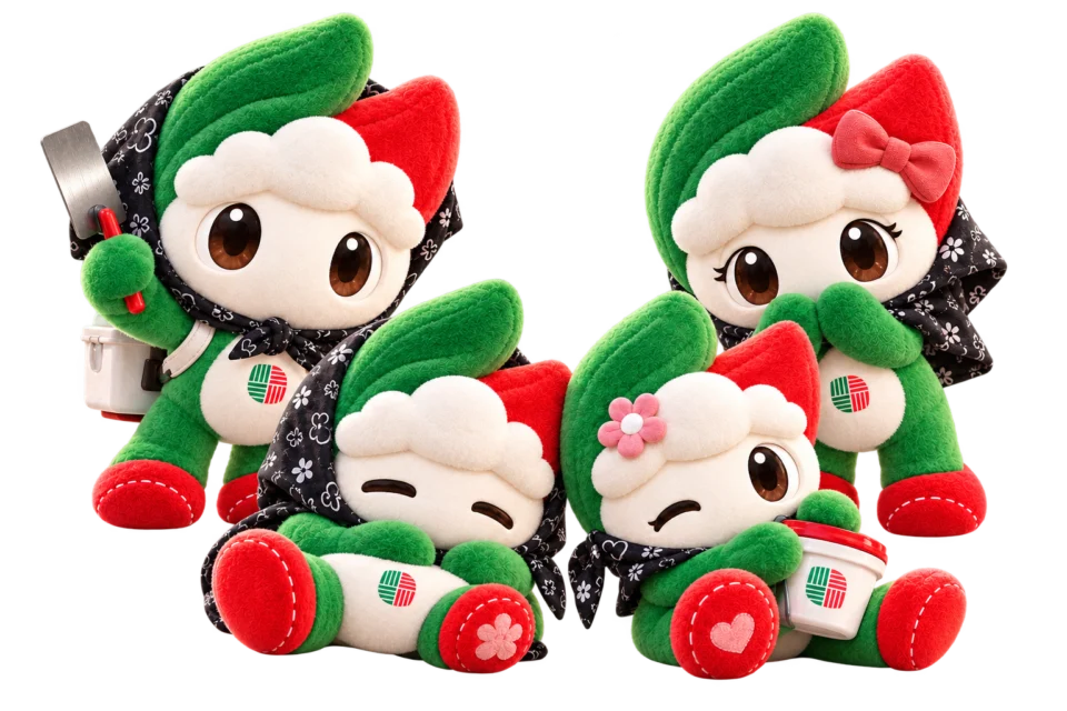 Four MacoAvell plush mascot friends in green, white and red