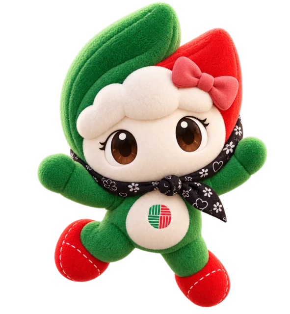 MacoAvell plush mascot with a pink bow in a joyful jumping pose