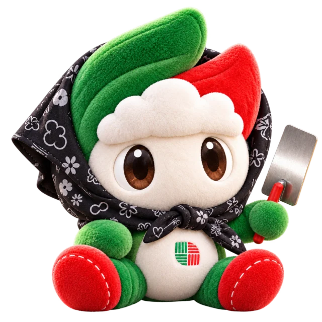 Seated MacoAvell plush mascot holding a finishing trowel