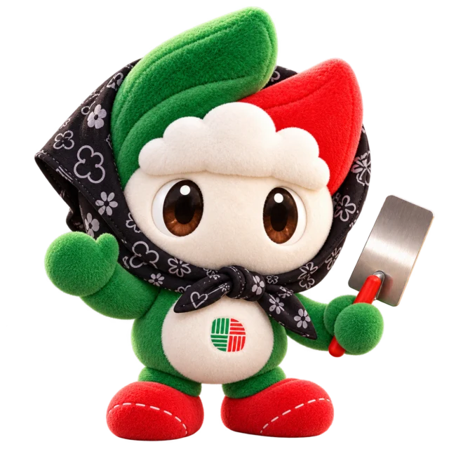 MacoAvell plush mascot standing and waving with a finishing trowel