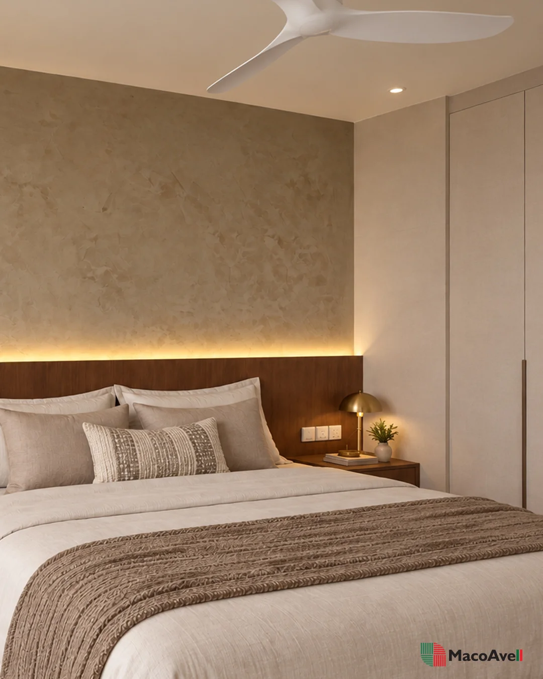 Vellplas MA04 Light Warm Grey bedroom design with neutral bedding, timber headboard, pale wardrobes and a curved ceiling detail.
