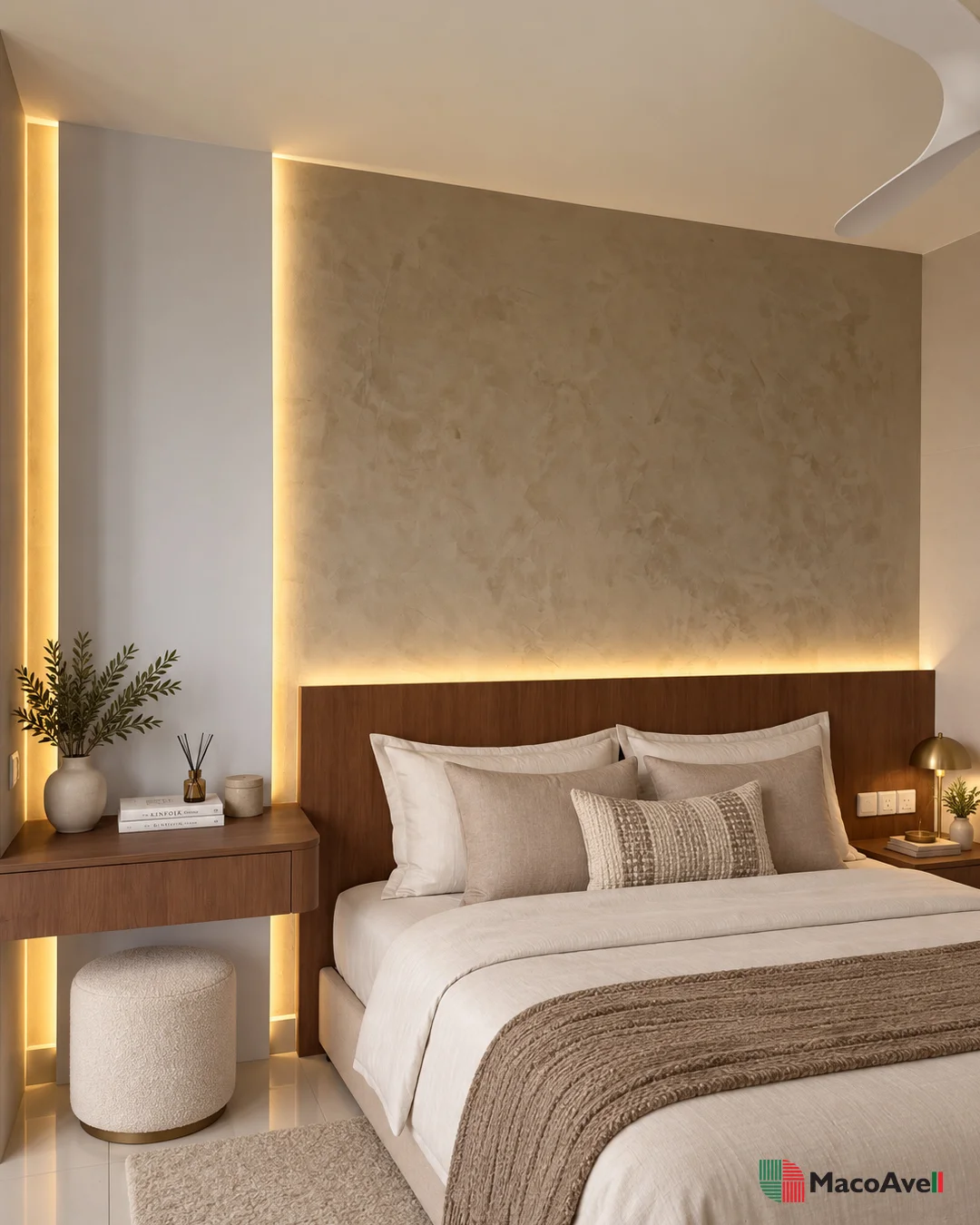 Bedroom inspiration featuring Vellplas MA04 Light Warm Grey above a timber headboard, with warm lighting and neutral bedding.