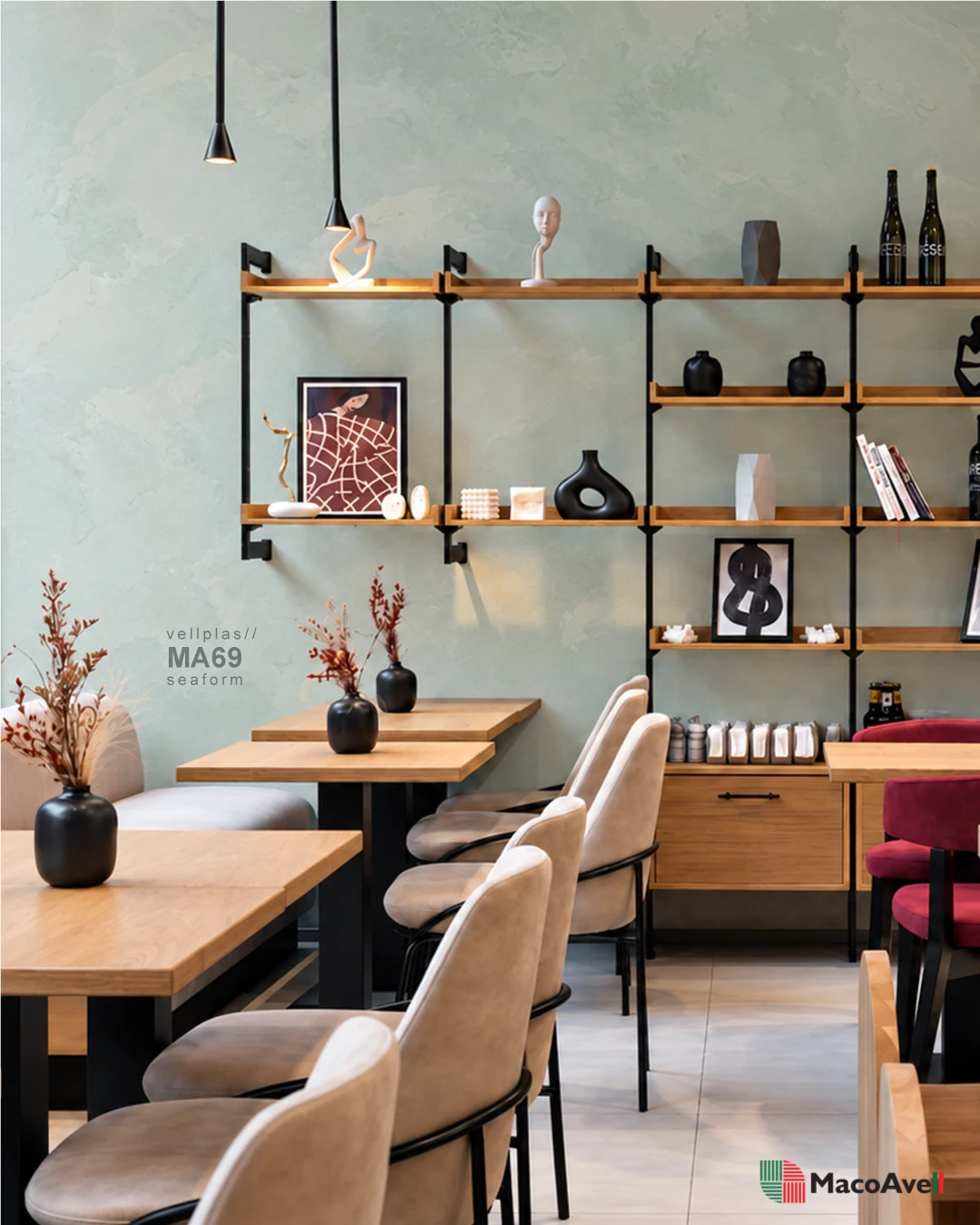 Vellplas MA69 Seaform pale green textured wall with timber café tables and black framed shelving