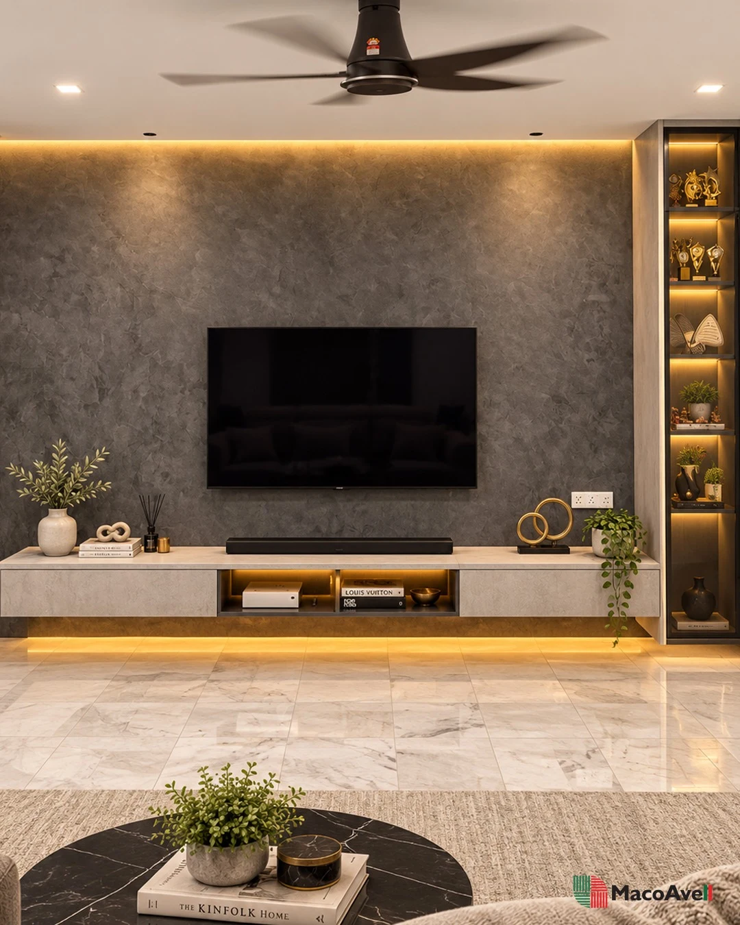 Vellplas MA92 Carbon Grey textured TV wall with warm lighting and a floating console